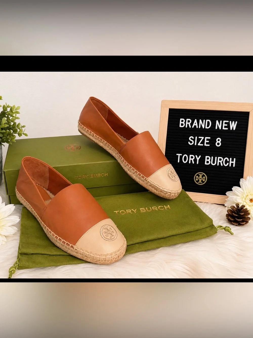 Tory Burch Two-Tone Leather Espadrilles in Tan & Cream